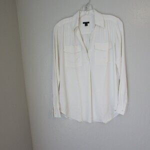Ann Taylor Ivory V-Neck Pullover Pockets Size XS Long Sleeve Blouse